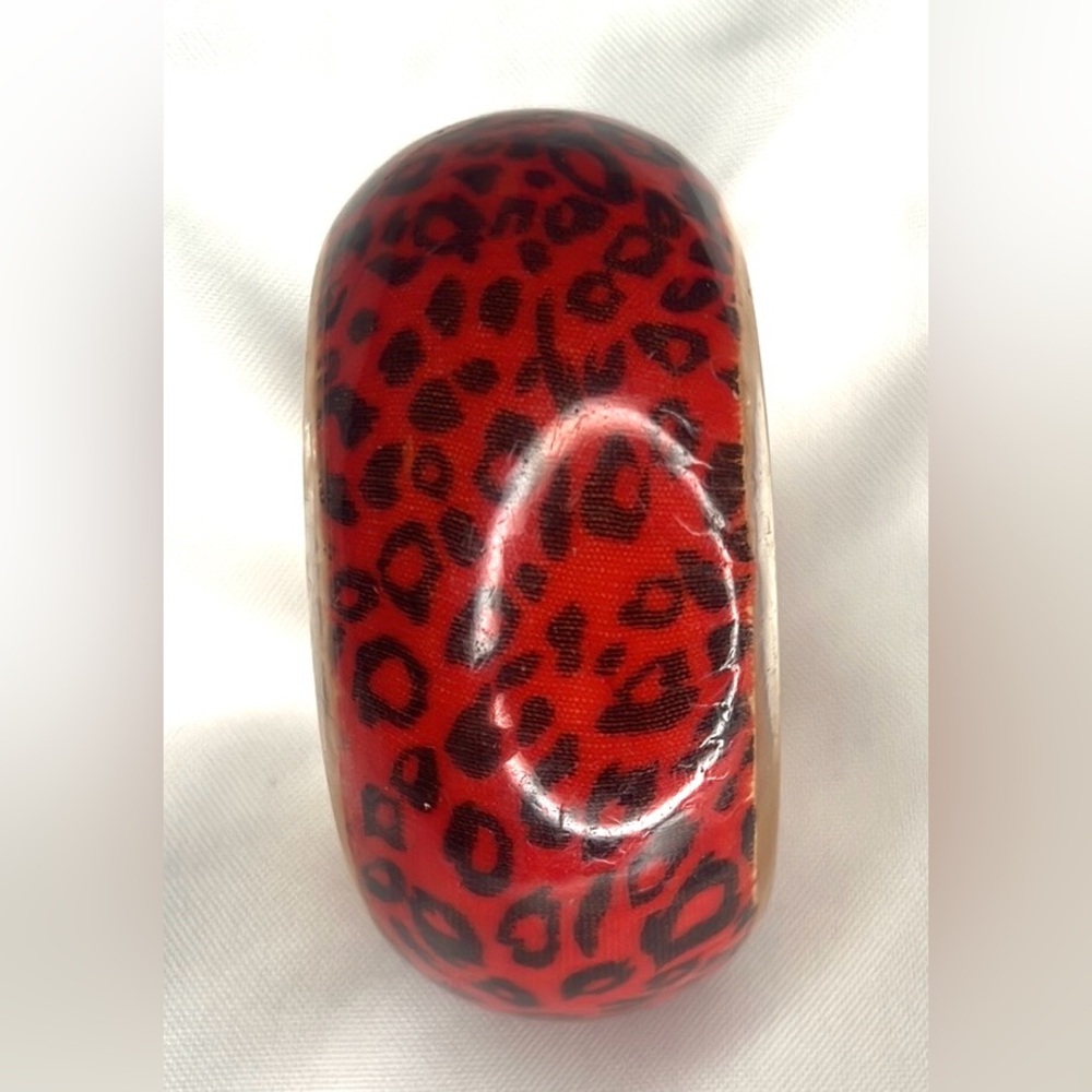 Vintage Bangle Bracelet Red & Black Chunky Leopard Print - Picture 3 of 5